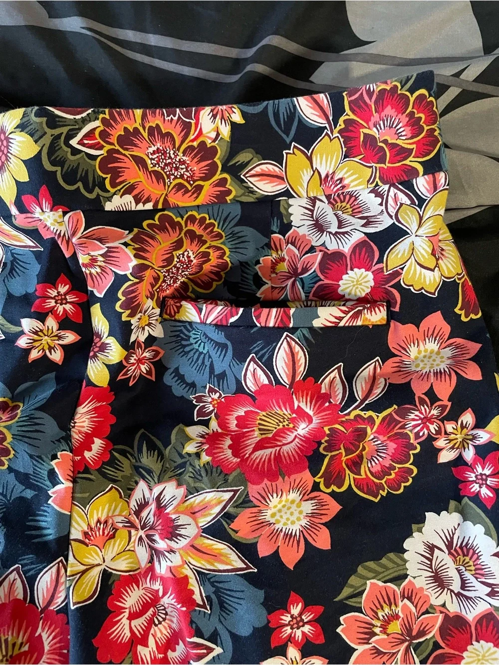 LOFT Black Floral Mini Skirt with Red & Yellow Blooms